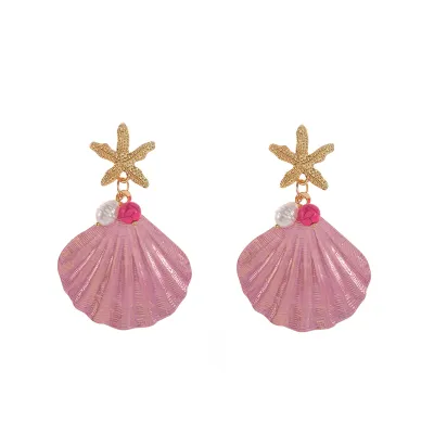 Women Fashion Summer Ocean Nature Style Starfish Shell Pendant Earrings