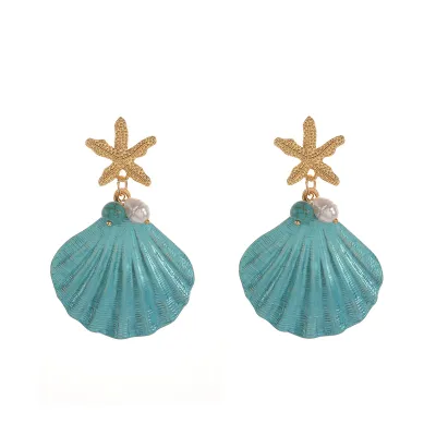 Women Fashion Summer Ocean Nature Style Starfish Shell Pendant Earrings