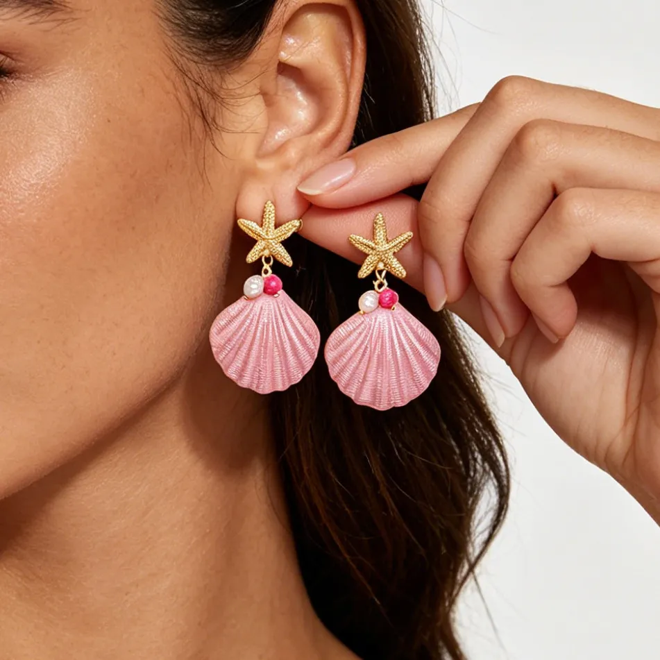 Women Fashion Summer Ocean Nature Style Starfish Shell Pendant Earrings