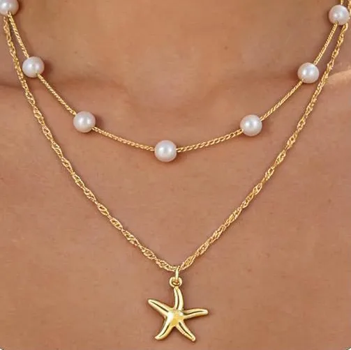 Women Fashion Retro Ocean Style Imitation Pearl Beaded Double-Layer Necklace