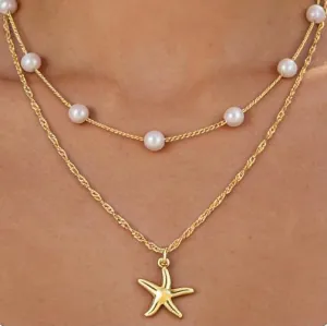Women Fashion Retro Ocean Style Imitation Pearl Beaded Double-Layer Necklace