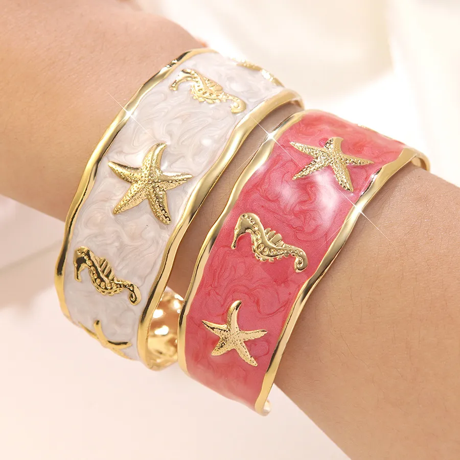 Women Summer Ocean Starfish Hippocampus Oil Drop Stainless Steel Opening Bracelet
