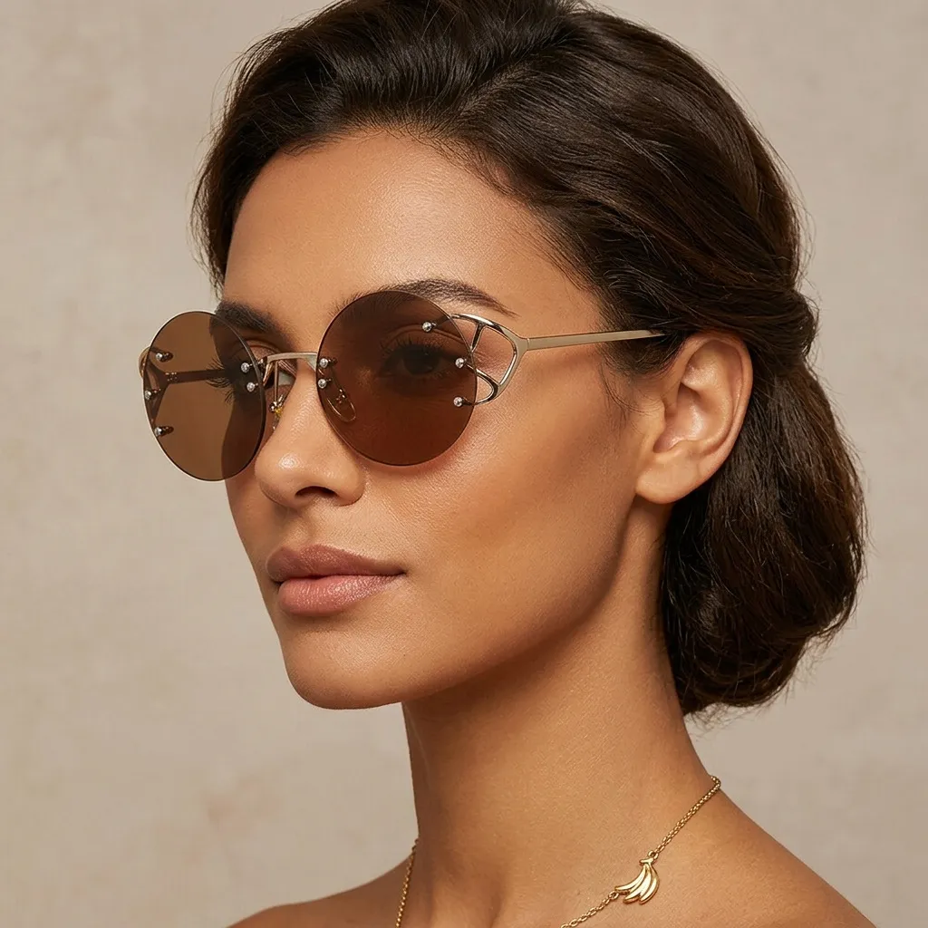 Women Fashion Personality Rimless Round Frame Metal Sunglasses
