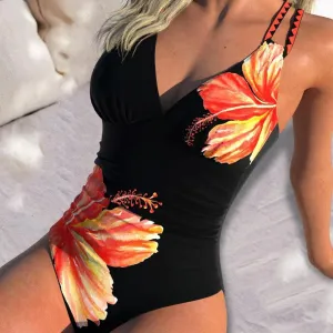 Women Fashion Sexy Floral Print V-Neck One-Piece Swimsuit