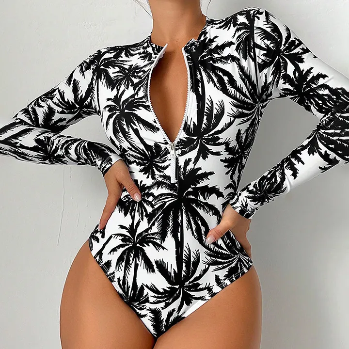 Women Fashion Print Long-Sleeve Zipper One-Piece Swimsuit
