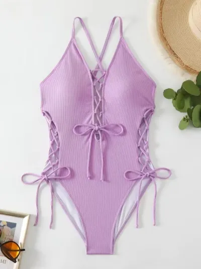 Women Fashion Sexy Printed Cross Strap Lace-Up Backless One-Piece Swimsuit