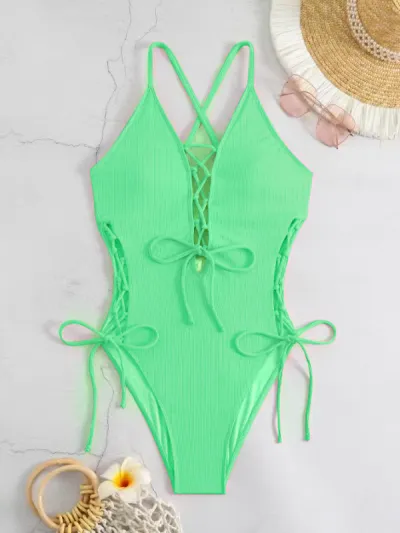 Women Fashion Sexy Printed Cross Strap Lace-Up Backless One-Piece Swimsuit