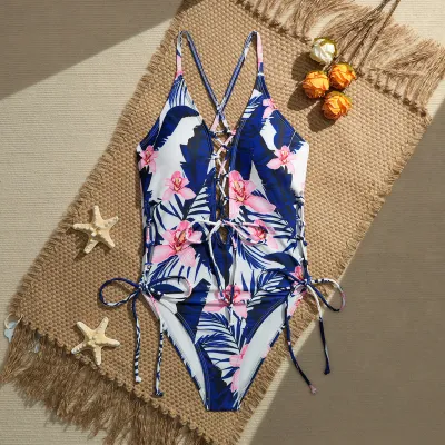 Women Fashion Sexy Printed Cross Strap Lace-Up Backless One-Piece Swimsuit