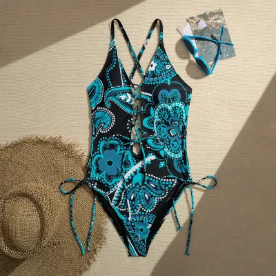 Women Fashion Sexy Printed Cross Strap Lace-Up Backless One-Piece Swimsuit