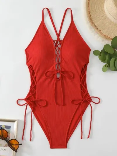 Women Fashion Sexy Printed Cross Strap Lace-Up Backless One-Piece Swimsuit