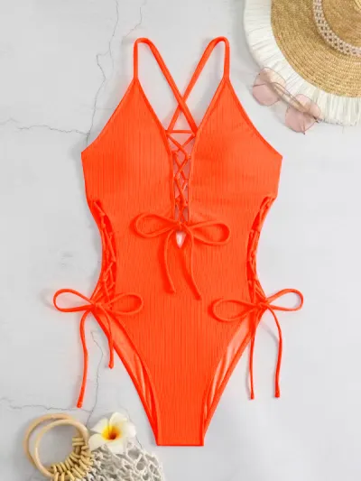 Women Fashion Sexy Printed Cross Strap Lace-Up Backless One-Piece Swimsuit