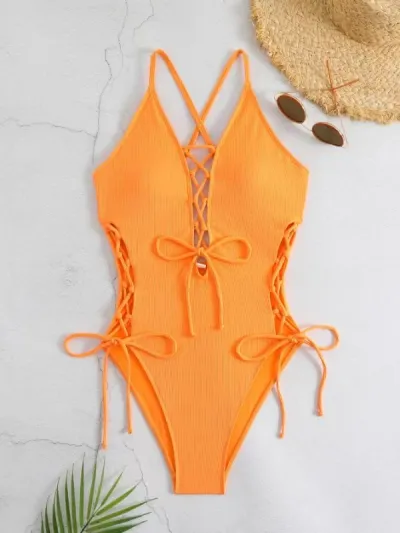 Women Fashion Sexy Printed Cross Strap Lace-Up Backless One-Piece Swimsuit