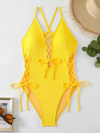 Women Fashion Sexy Printed Cross Strap Lace-Up Backless One-Piece Swimsuit