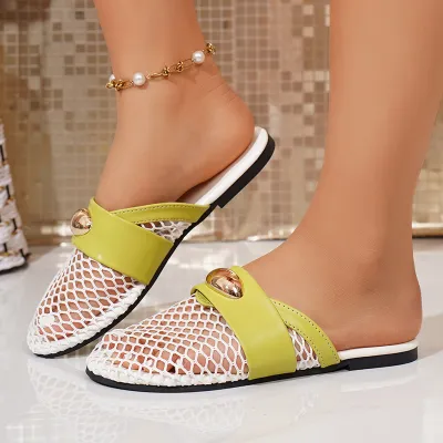 Women Fashion Casual Mesh Flats Buckle Patent Leather Trim Slippers