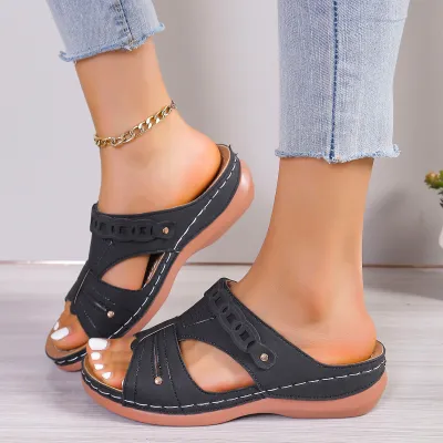 Women's Fashion Casual Solid Color Peep-Toe PU Platform Wedge Slippers