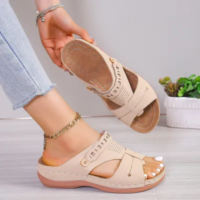Women's Fashion Casual Solid Color Peep-Toe PU Platform Wedge Slippers