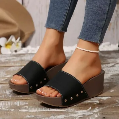 Women's Fashion Casual Leopard Grass-Trimmed Round-Toe Platform Wedge Slippers