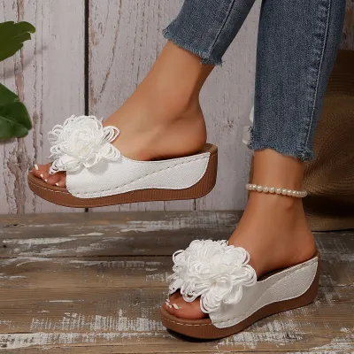 Women Fashion Casual Solid Color Flower Decoration Peep Toe Wedge Slippers