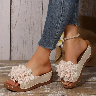 Women Fashion Casual Solid Color Flower Decoration Peep Toe Wedge Slippers