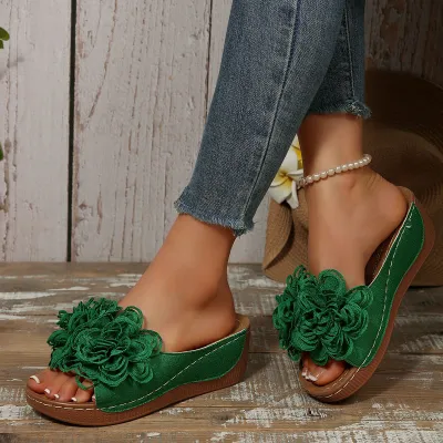 Women Fashion Casual Solid Color Flower Decoration Peep Toe Wedge Slippers