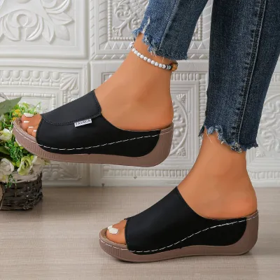 Women's Fashion Casual Solid Color Peep-Toe Platform Wedge Slippers