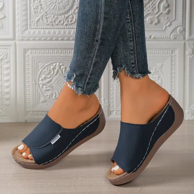 Women's Fashion Casual Solid Color Peep-Toe Platform Wedge Slippers