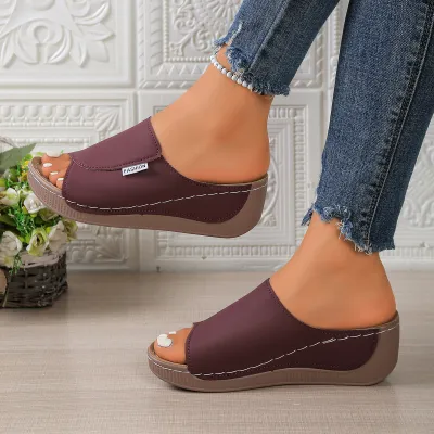 Women's Fashion Casual Solid Color Peep-Toe Platform Wedge Slippers