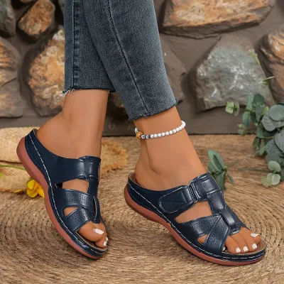 Women Fashion Casual Retro Solid Color Round-Toe Wedge Slippers