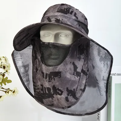 Men'S Fashion Casual Ink And Wash Printed Big Brim With Face Mask Sunshade Hat