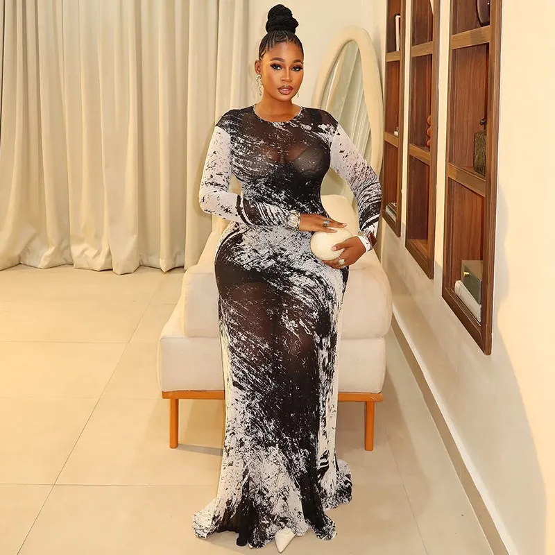 Personalized Print Women Sexy Maxi Long Sleeve Dress