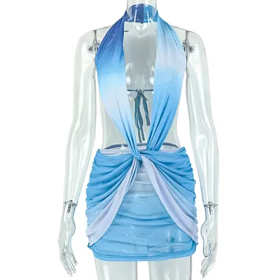 Women Sexy Gradient Neck Hollow Mini Dress