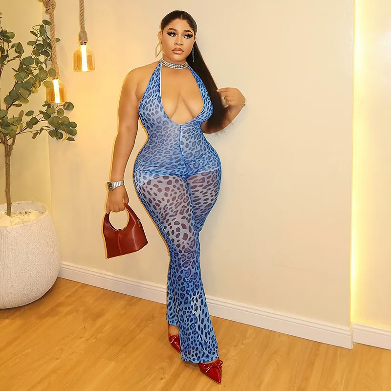 Women Sexy Leopard Print Hanging Neck U-Neck See-Through Jumpsuit