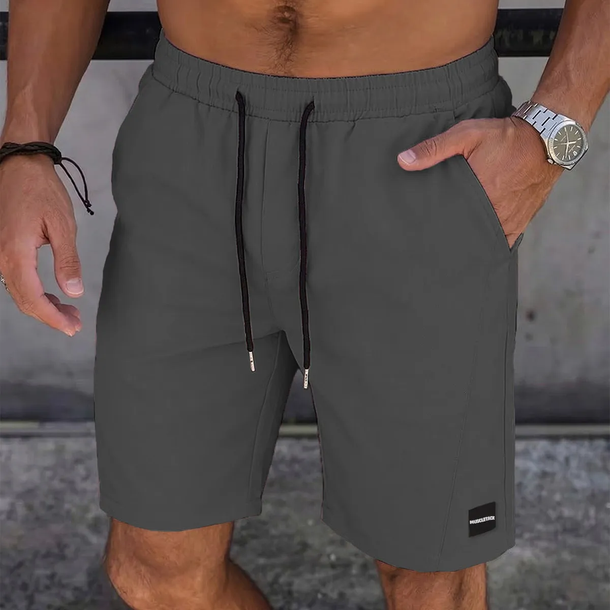 Men's Casual Solid Color Drawstring Pocket Elastic Shorts for Spring Summer