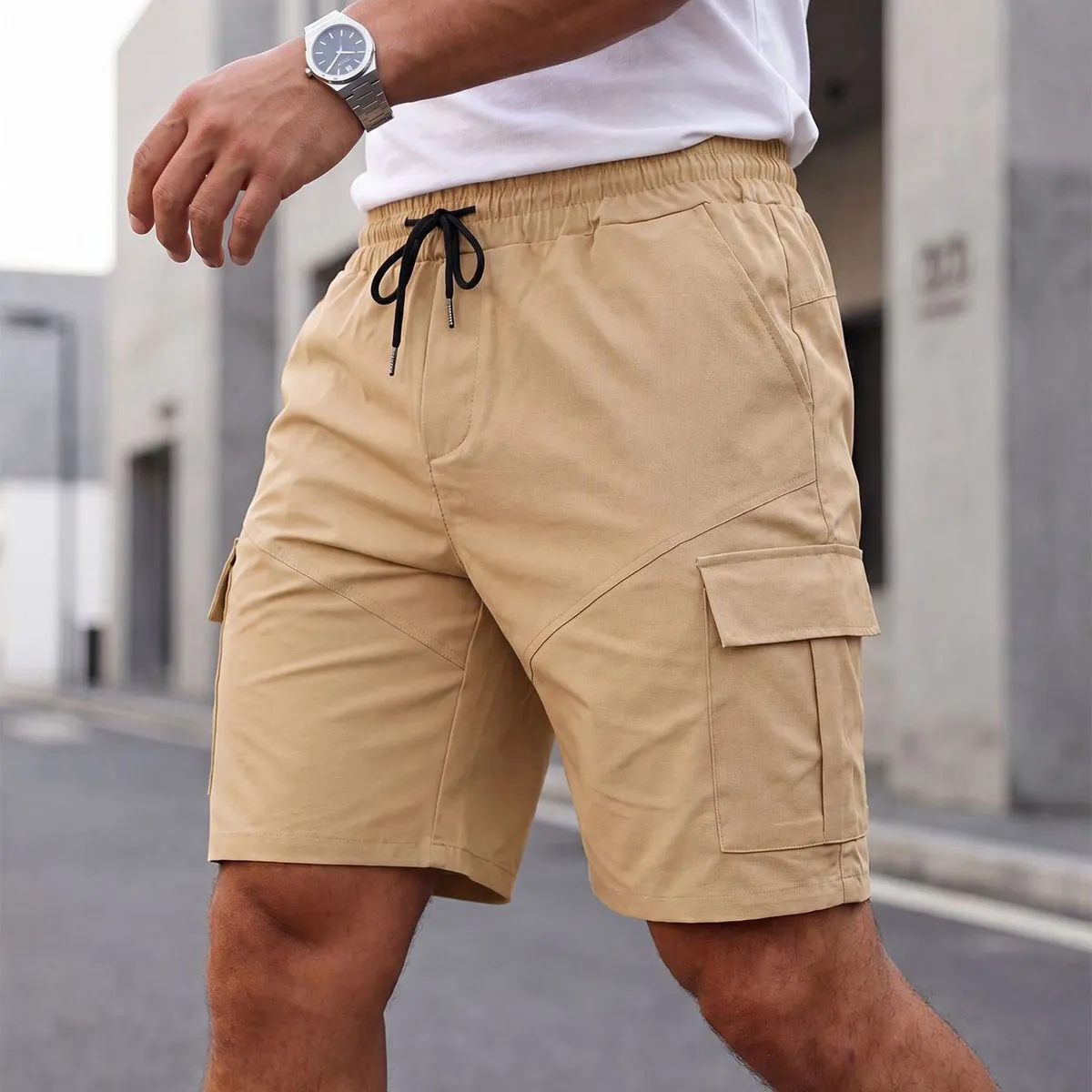 Men Fashion Casual Solid Color Pocket Straight Leg Shorts