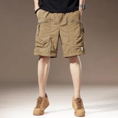 Men'S Fashion Summer Ice Silk Quick-Dry Loose Straight Multi-Pocket Shorts