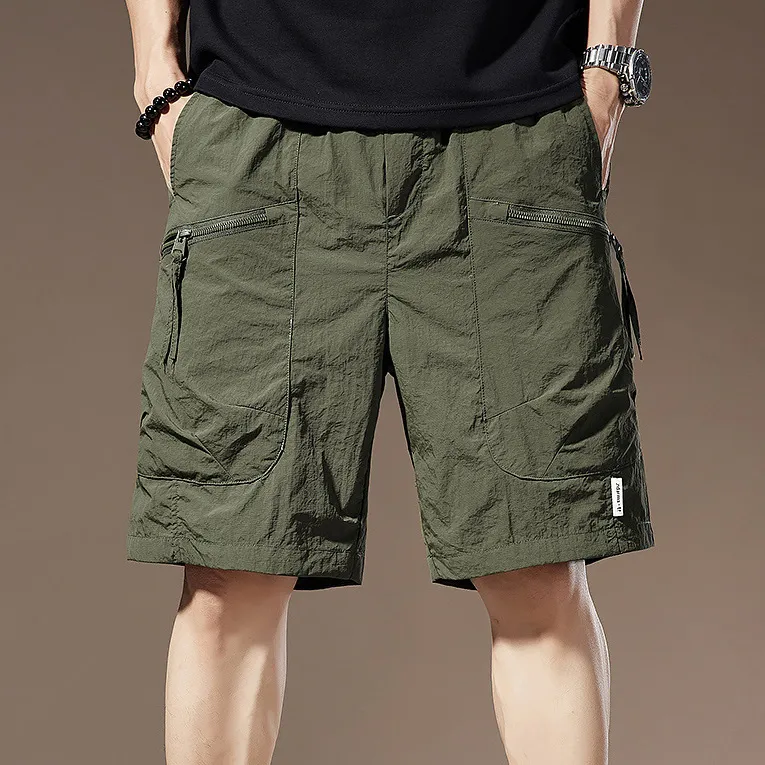 Men'S Fashion Summer Ice Silk Quick-Dry Loose Straight Multi-Pocket Shorts