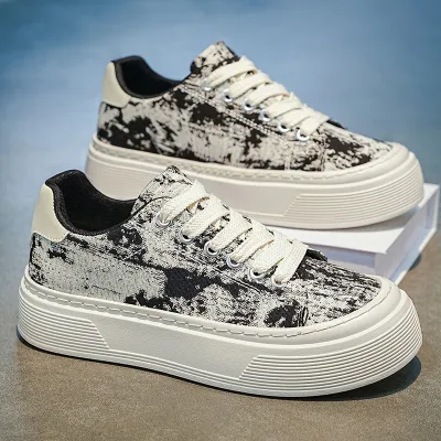 Men's Fashion Casual Summer Ink Print Canvas Breathable Soft Sole Lace Up Sneakers