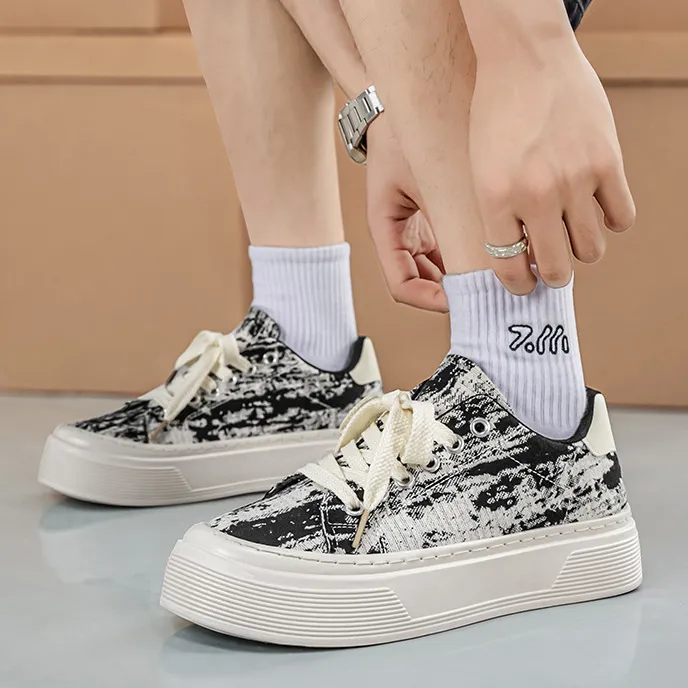 Men's Fashion Casual Summer Ink Print Canvas Breathable Soft Sole Lace Up Sneakers