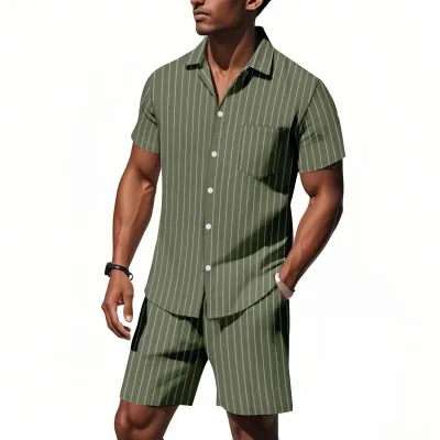 Men Fashion Casual Linen Stripe Jacquard Lapel Short Sleeve Loose Shirt Shorts Two-Piece Set