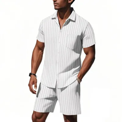 Men Fashion Casual Linen Stripe Jacquard Lapel Short Sleeve Loose Shirt Shorts Two-Piece Set
