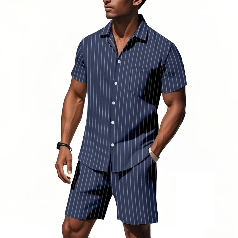 Men Fashion Casual Linen Stripe Jacquard Lapel Short Sleeve Loose Shirt Shorts Two-Piece Set