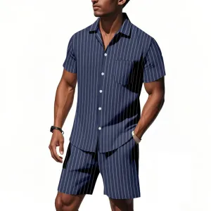 Men Fashion Casual Linen Stripe Jacquard Lapel Short Sleeve Loose Shirt Shorts Two-Piece Set