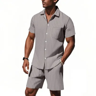 Men Fashion Casual Linen Stripe Jacquard Lapel Short Sleeve Loose Shirt Shorts Two-Piece Set
