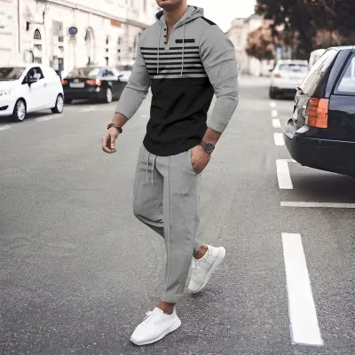 Men's Casual Color Block Waffle Stripe Long Sleeve Hoodie and Pants Two-Piece Set