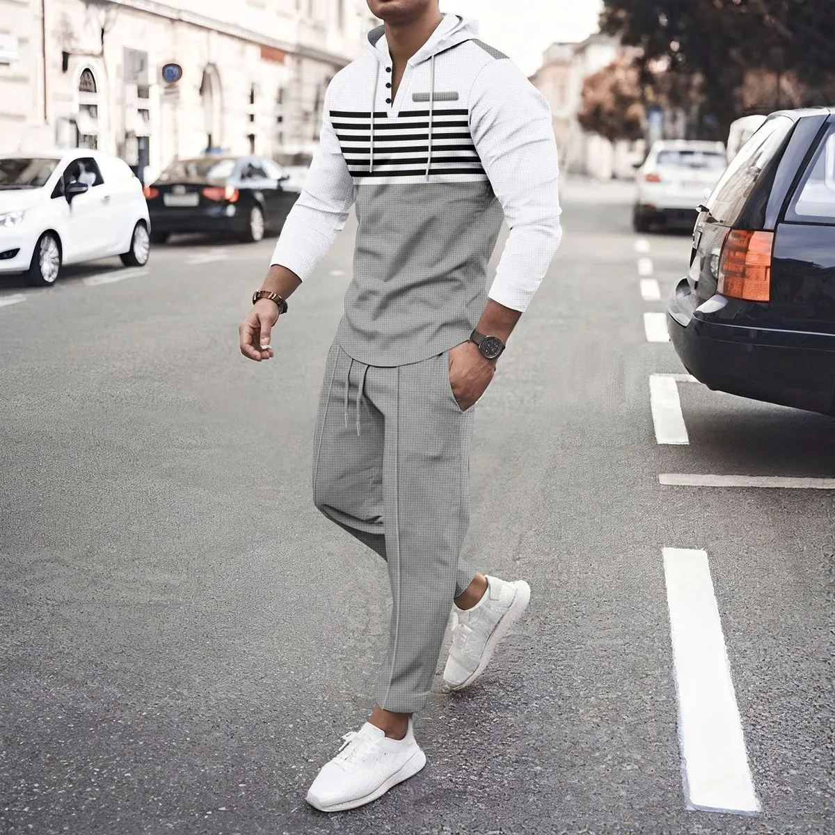 Men's Casual Color Block Waffle Stripe Long Sleeve Hoodie and Pants Two-Piece Set