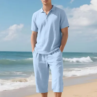 Men's Casual Summer Linen Short Sleeve Polo Shirt and Shorts Two-Piece Set