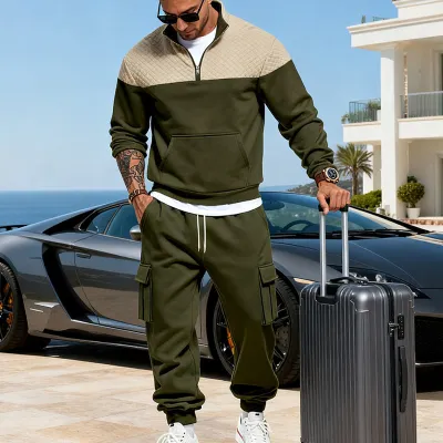 Men's Fashion Winter Color Block Stand Collar Long Sleeve Sweatshirt Cargo Pants Set