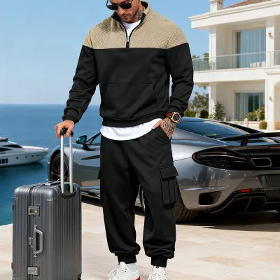 Men's Fashion Winter Color Block Stand Collar Long Sleeve Sweatshirt Cargo Pants Set