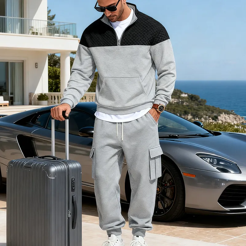 Men's Fashion Winter Color Block Stand Collar Long Sleeve Sweatshirt Cargo Pants Set
