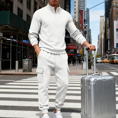 Men Casual Solid Color Long-Sleeve Stand-Up Collar Sweatshirt Loose Cargo Pants Two-Piece Set